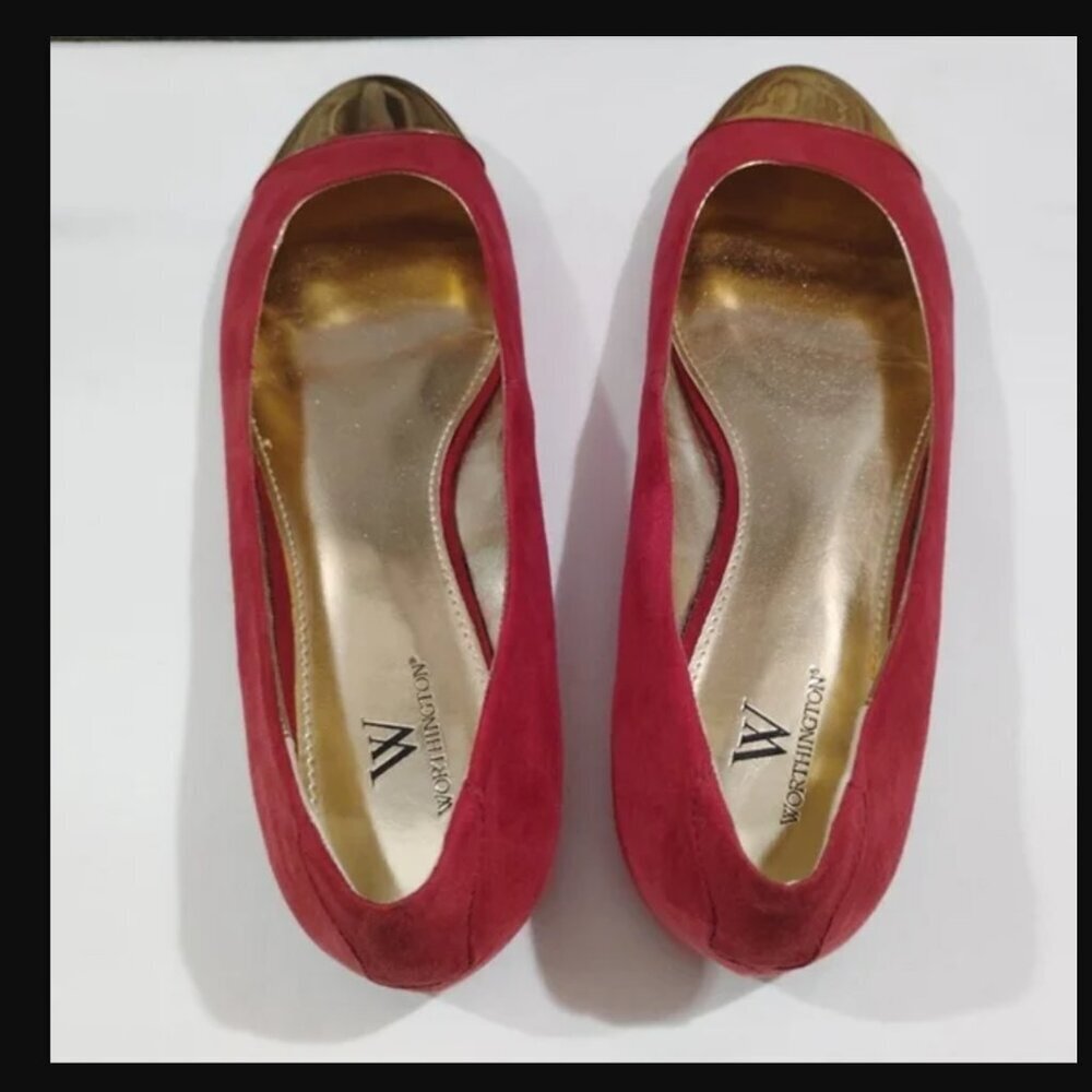 Sz 9M Worthington Burgundy & Gold Ballet Flats Metallic Toe Faux Suede 9 Medium - Picture 6 of 12